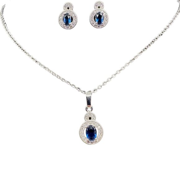 Stauer Angel Eyes Set Necklace & Earrings Stud Silver Tone Blue Vintage Style - Picture 4 of 16